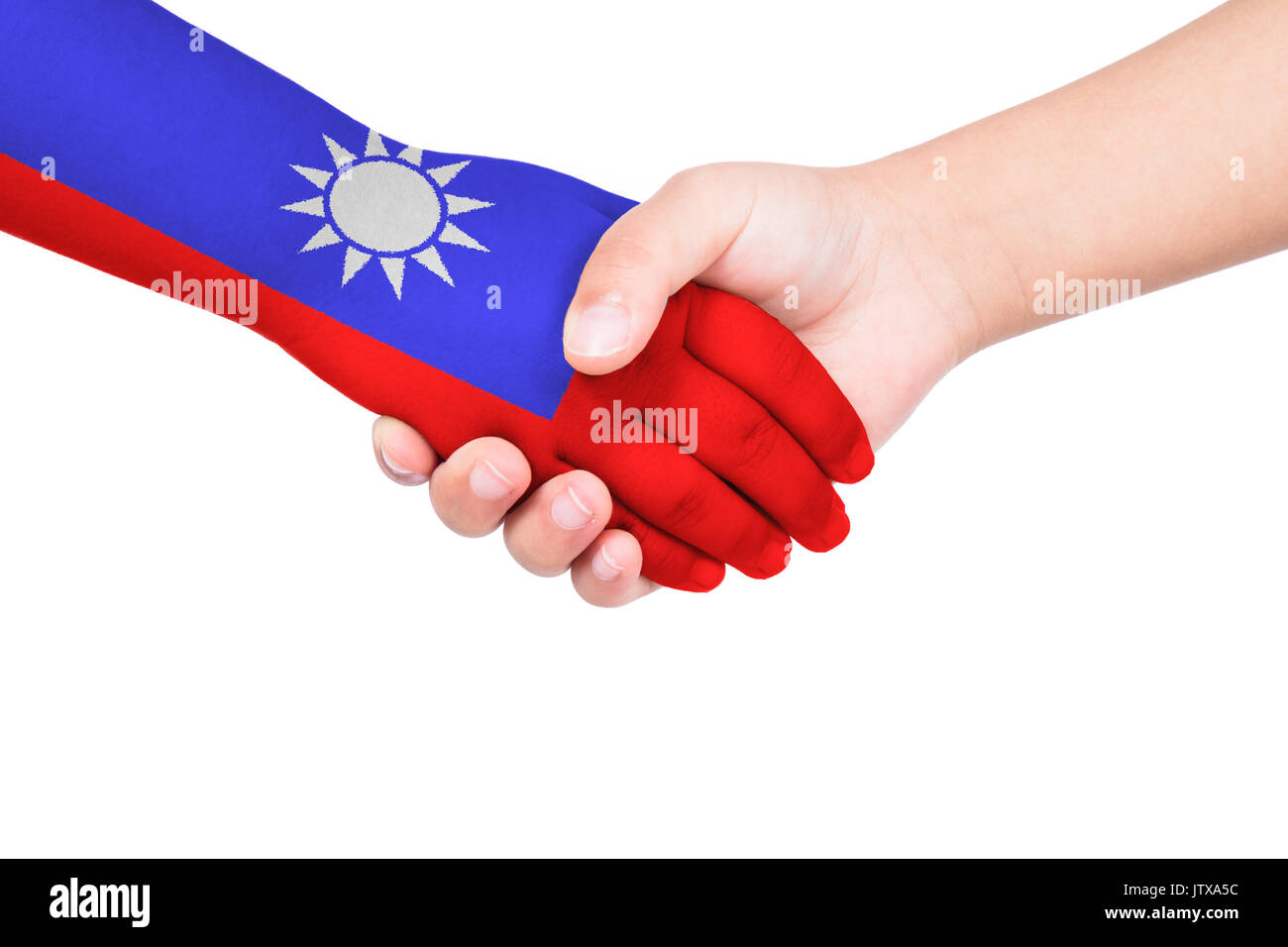 Handshake between a child and Taiwan with flags painted on hand in