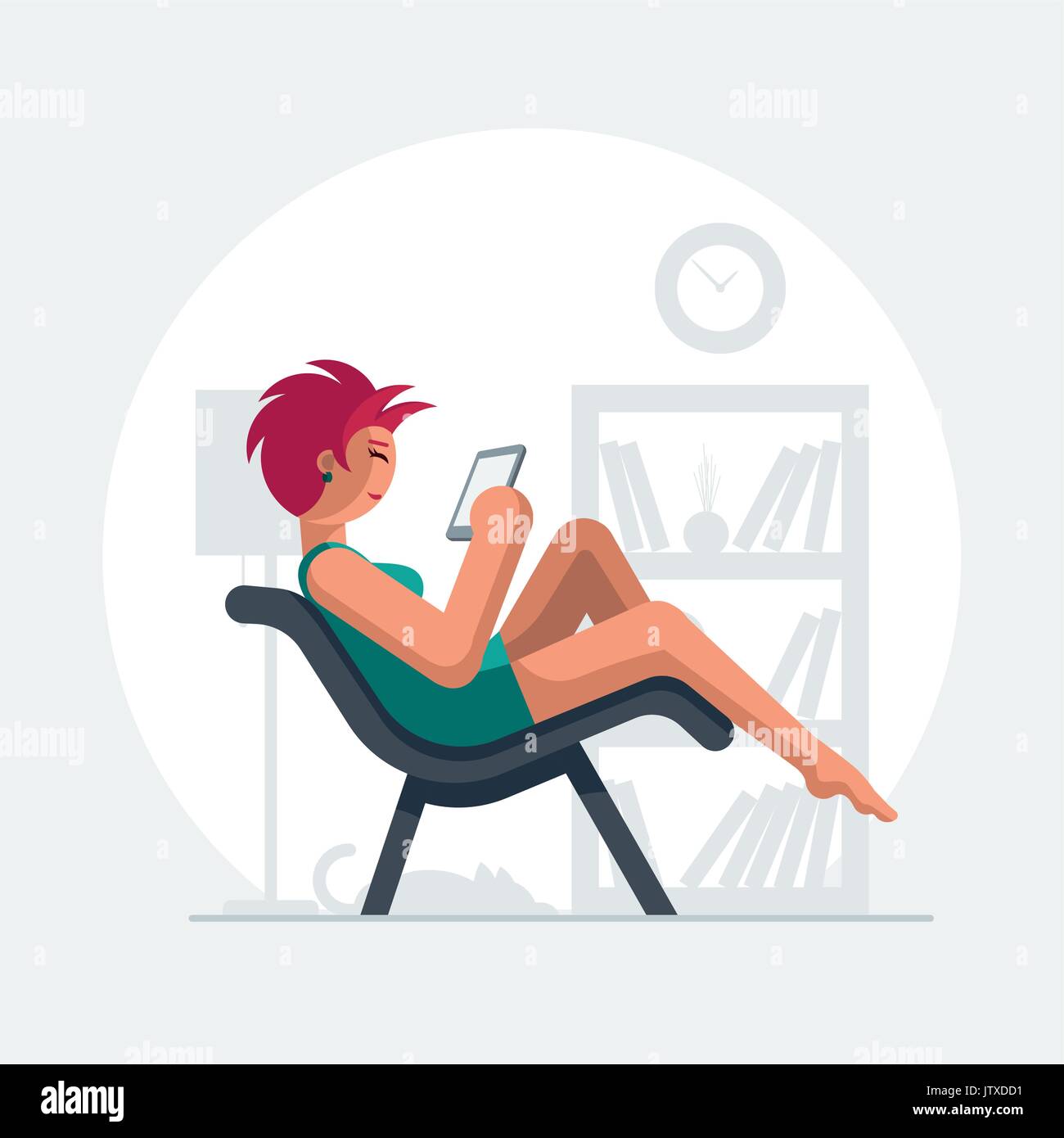 Trendy young red short hair girl using smart phone and take selfie.  Elements are layered separately in vector file. Stock Vector