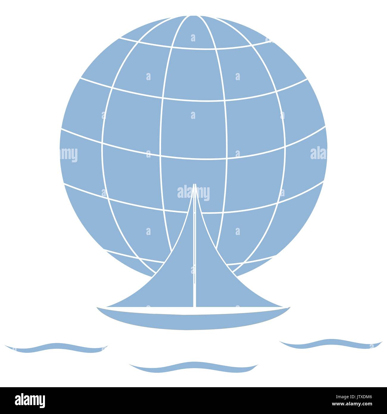 Stylized icon of a colored yacht, sailing over the waves on a globe on ...