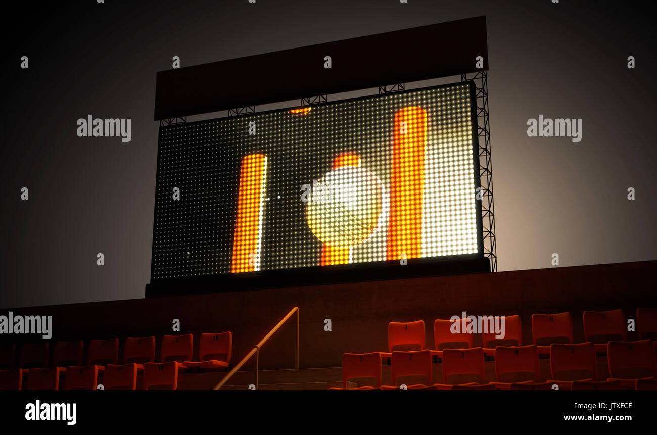 An illuminated stadium big screen showing a cricket replay in the stands in the night time - 3D render Stock Photo