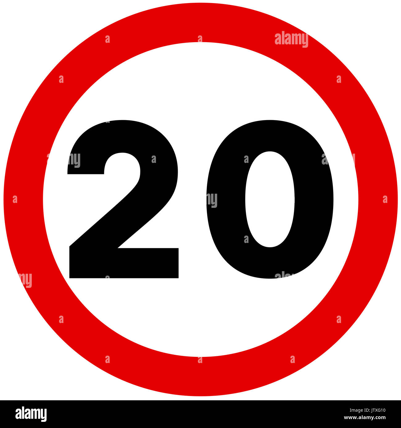 20 mph maximum speed road sign on white background Stock Photo