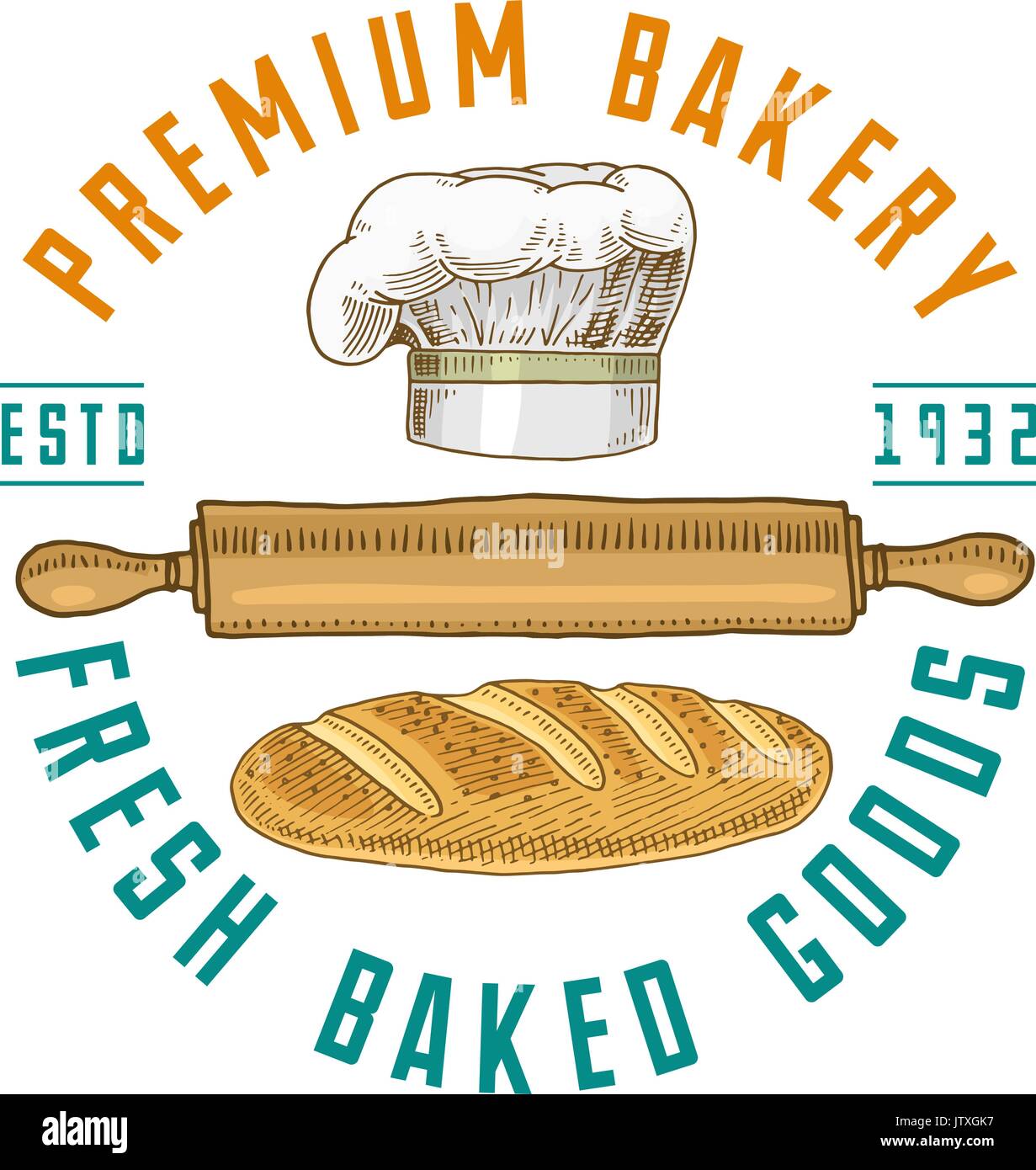 Rolling pin and Chef with loaf or kitchen, cooking stuff for menu decoration. logo emblem or label, engraved hand drawn in old sketch or and vintage style. premium bakery fresh baked goods. Stock Vector