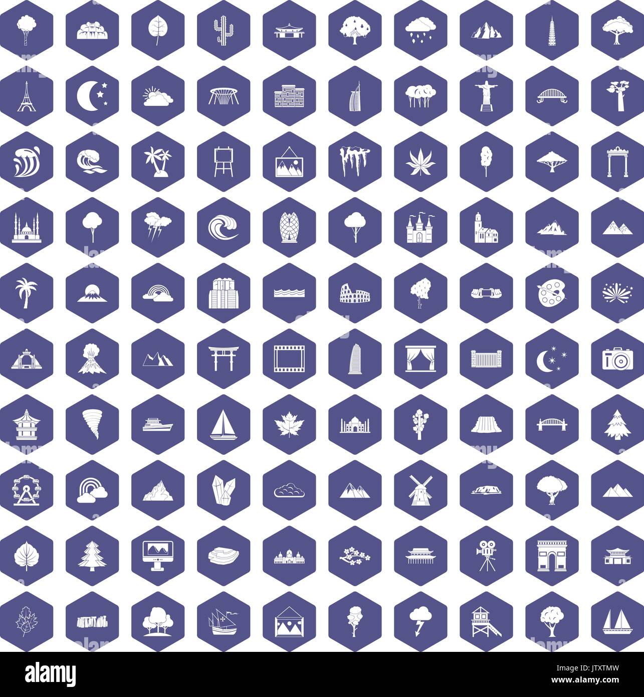 100 view icons hexagon purple Stock Vector