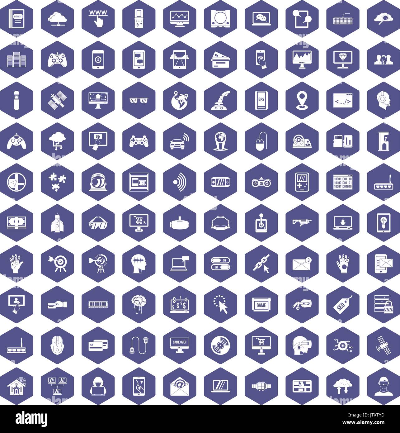 100 virtual icons hexagon purple Stock Vector