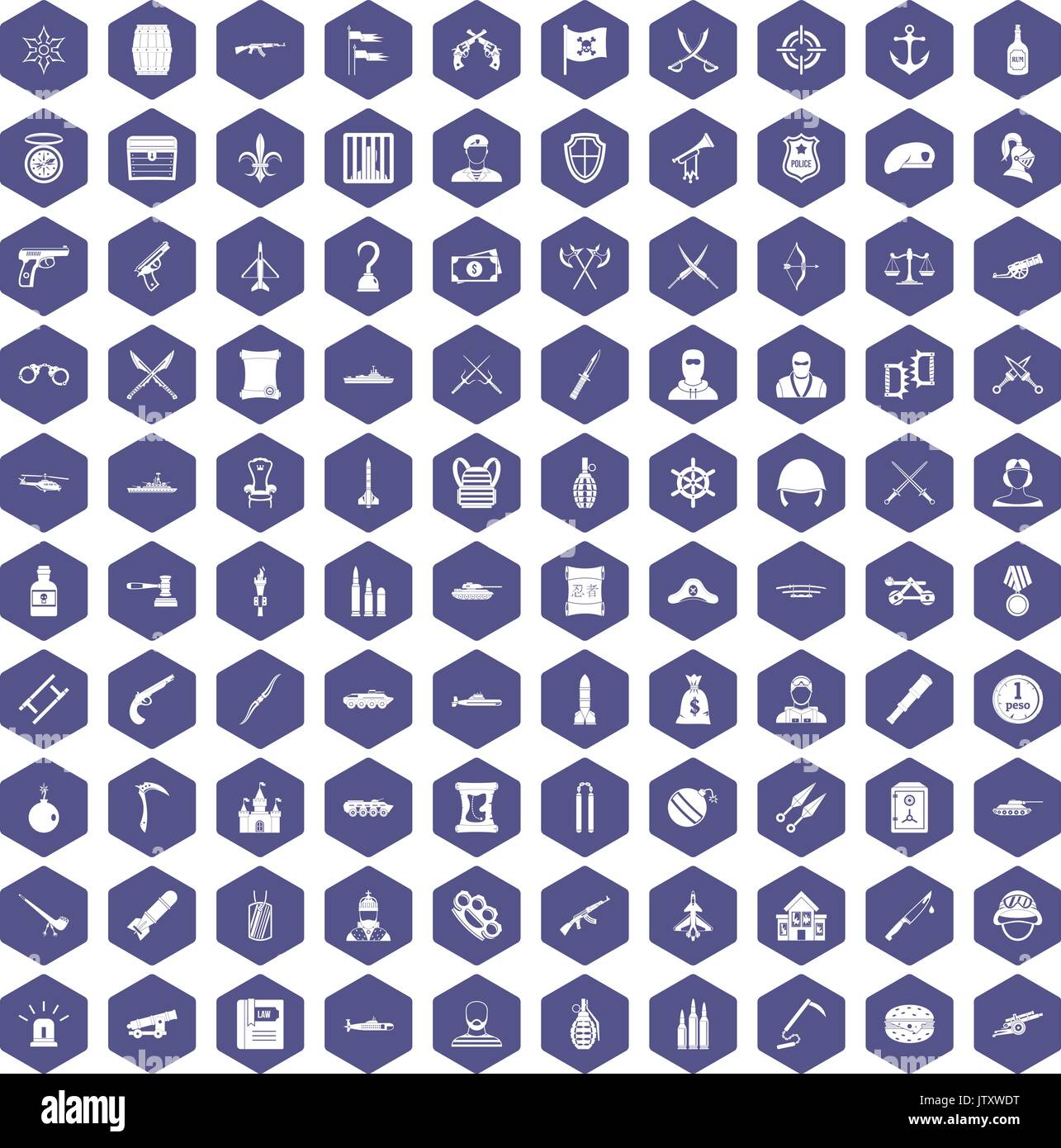 100 weapons icons hexagon purple Stock Vector