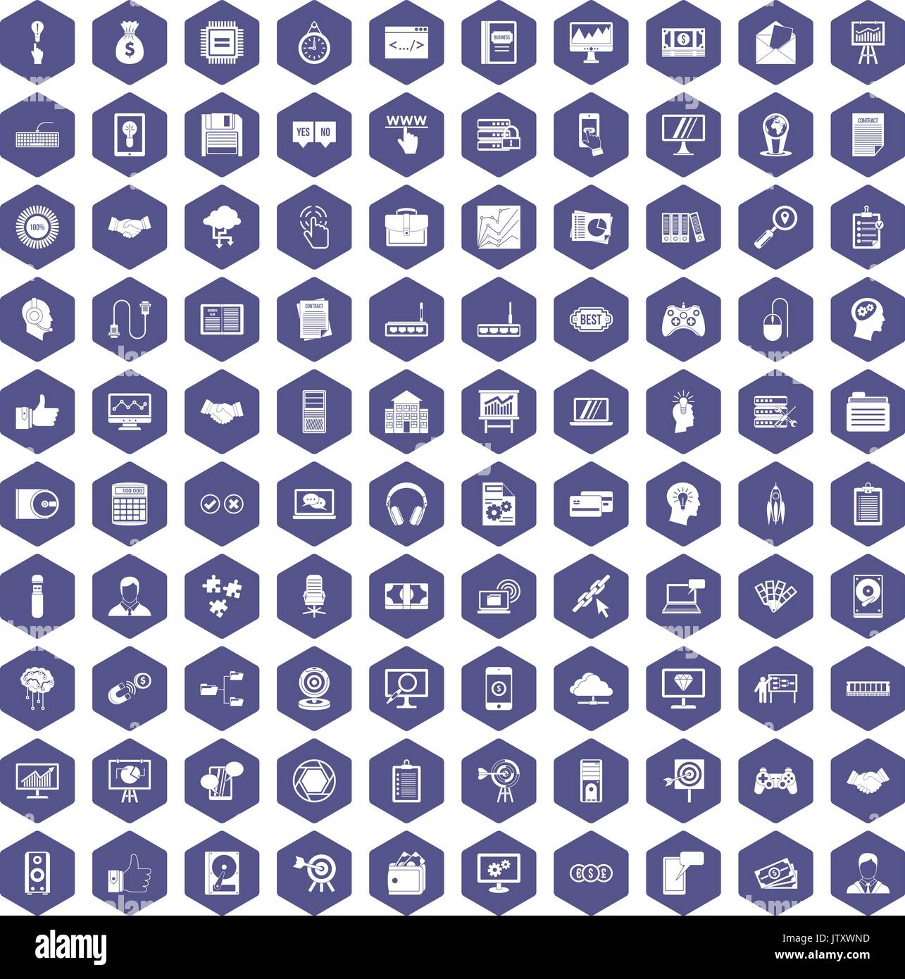 100 web development icons hexagon purple Stock Vector