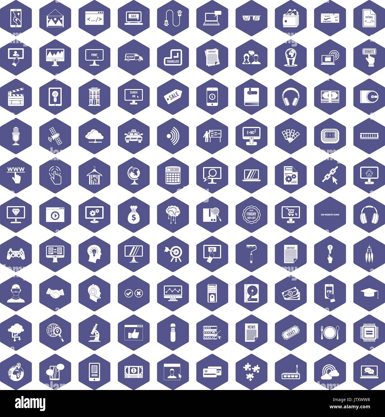 100 website icons hexagon purple Stock Vector