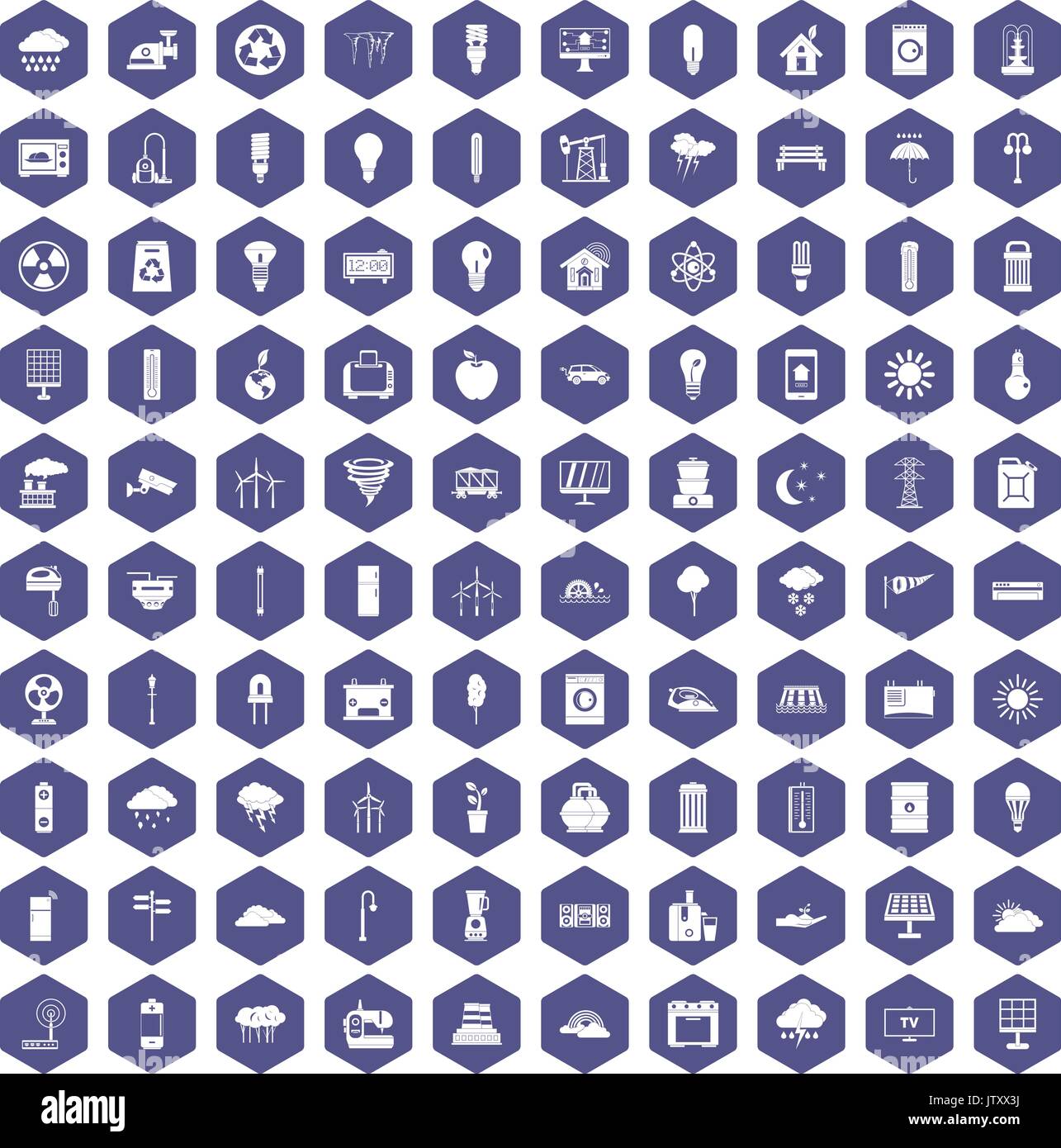 100 windmills icons hexagon purple Stock Vector