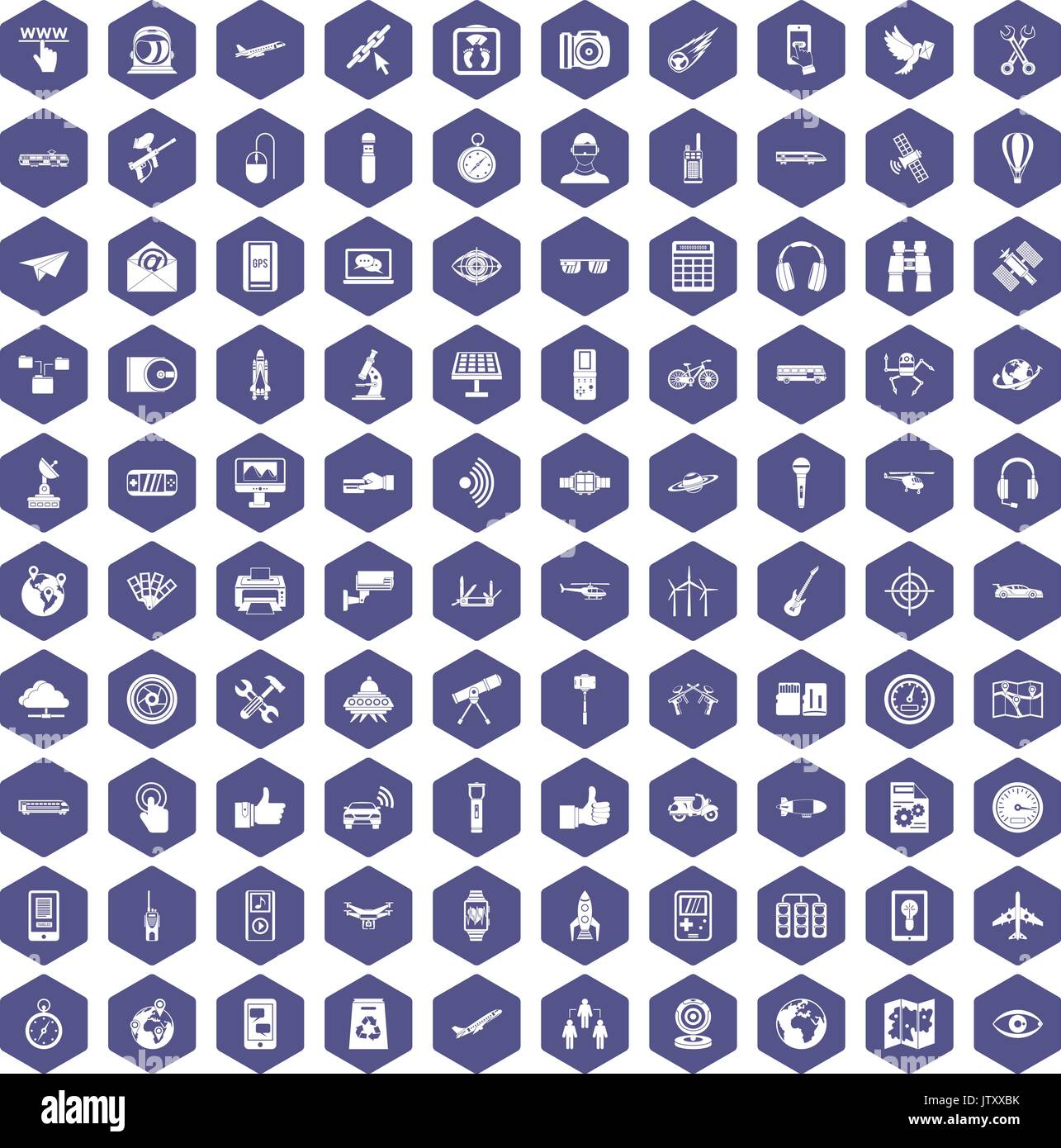 100 wireless technology icons hexagon purple Stock Vector