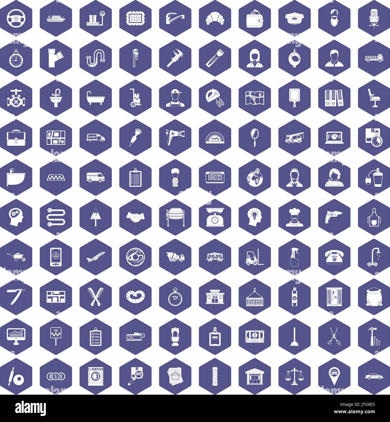 100 work icons hexagon purple Stock Vector