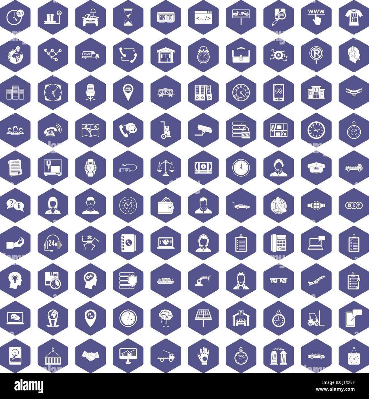 100 working hours icons hexagon purple Stock Vector
