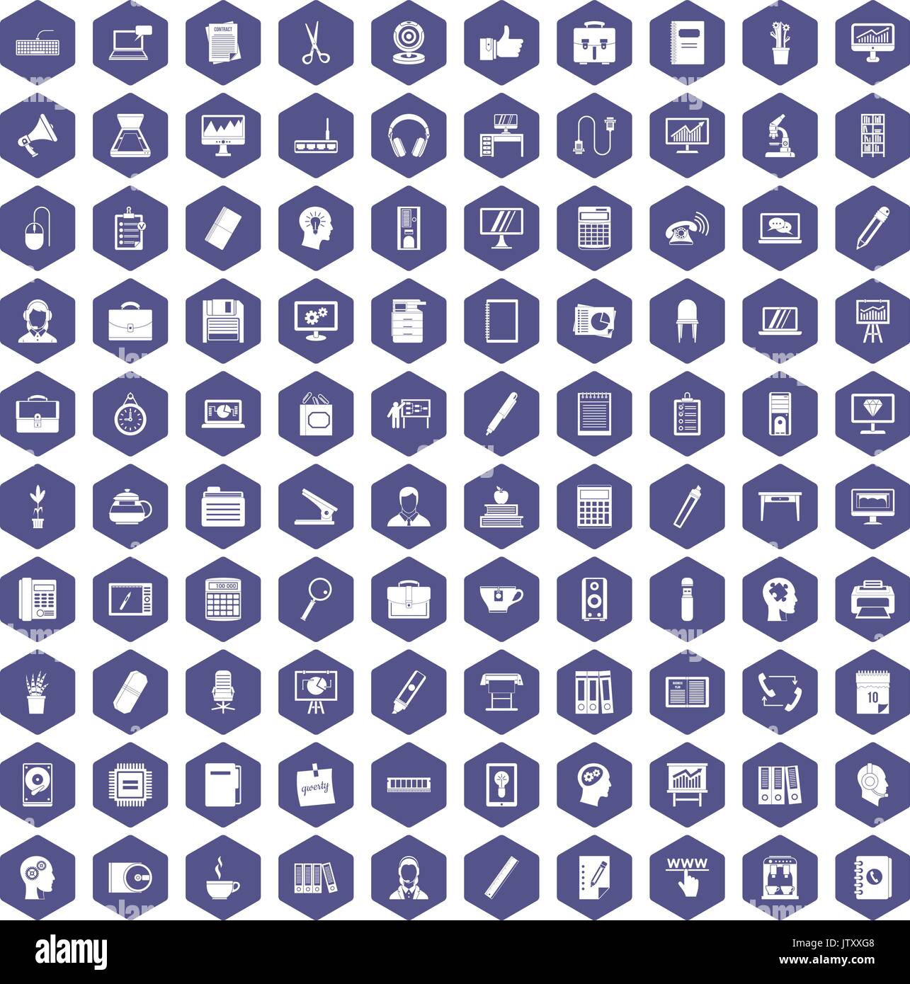 100 work space icons hexagon purple Stock Vector