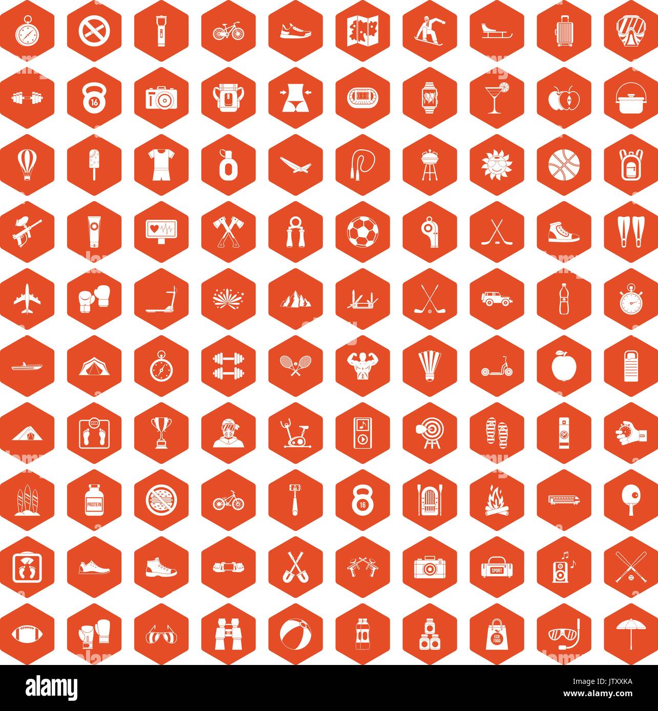 100 active life icons hexagon orange Stock Vector