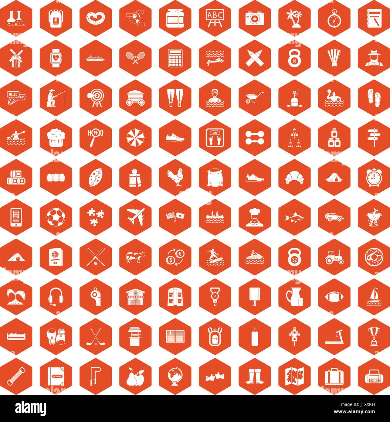100 activity icons hexagon orange Stock Vector