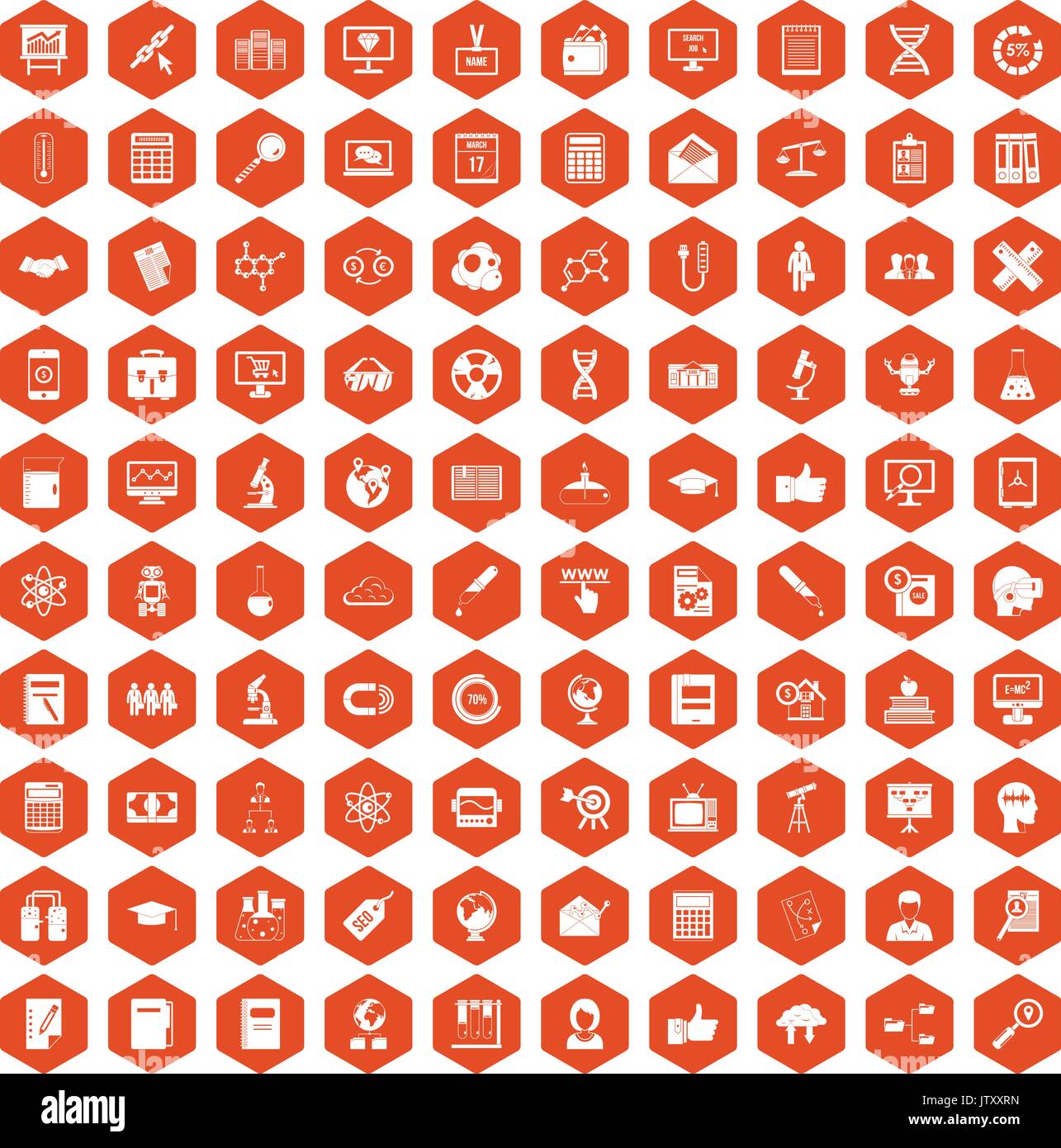 100 analytics icons hexagon orange Stock Vector