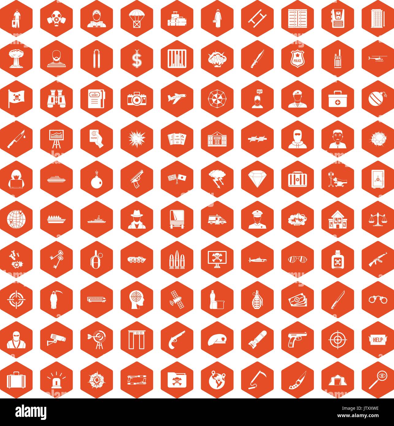 100 antiterrorism icons hexagon orange Stock Vector