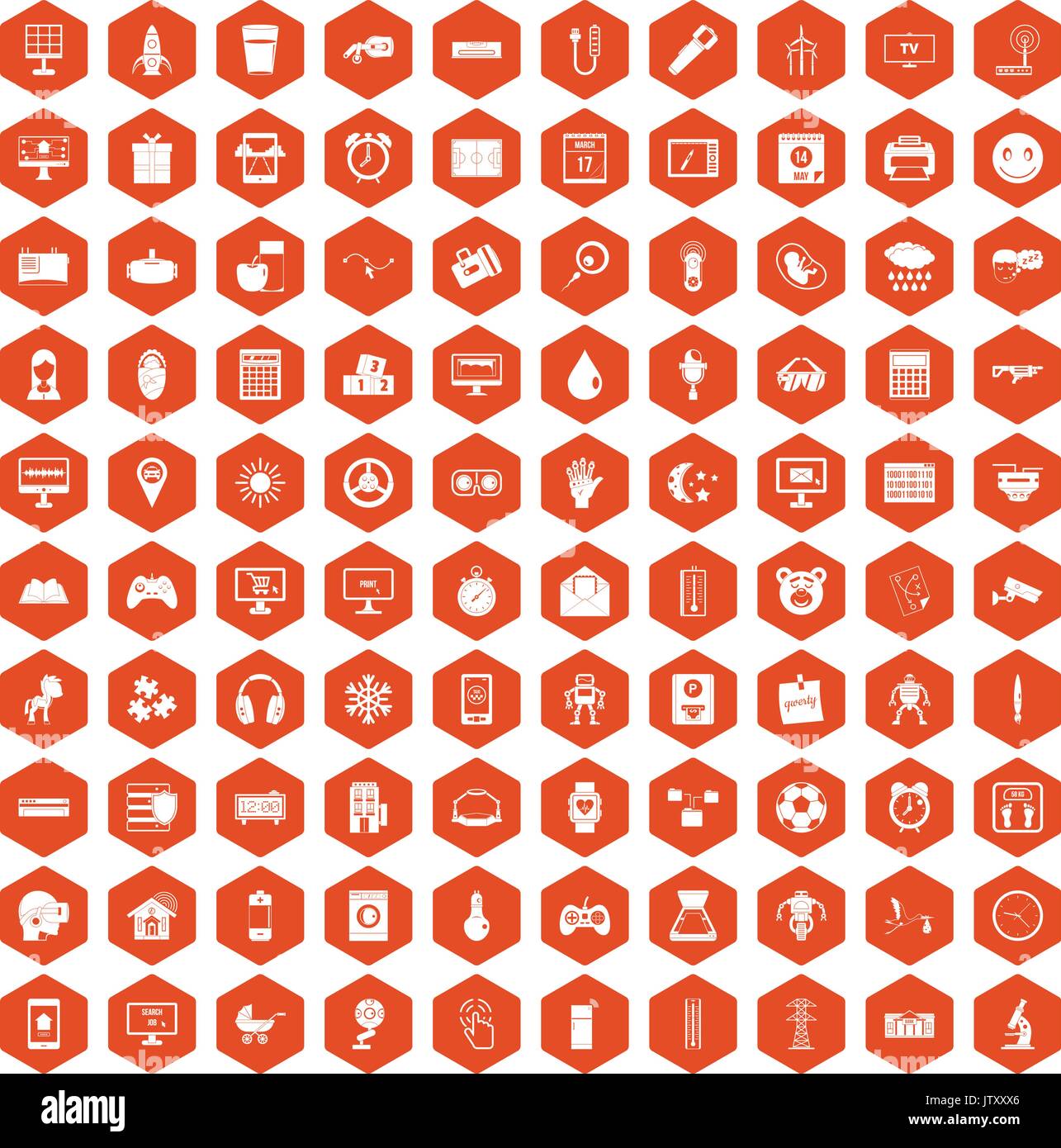 100 app icons hexagon orange Stock Vector