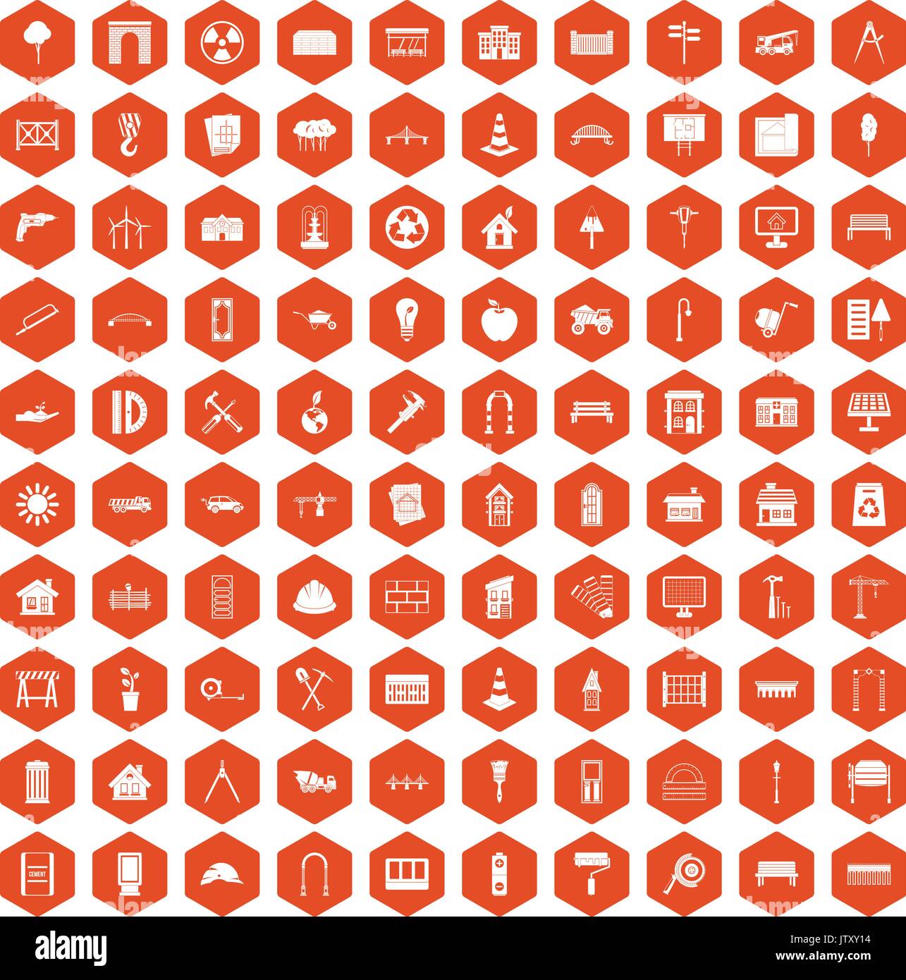 100 architecture icons hexagon orange Stock Vector