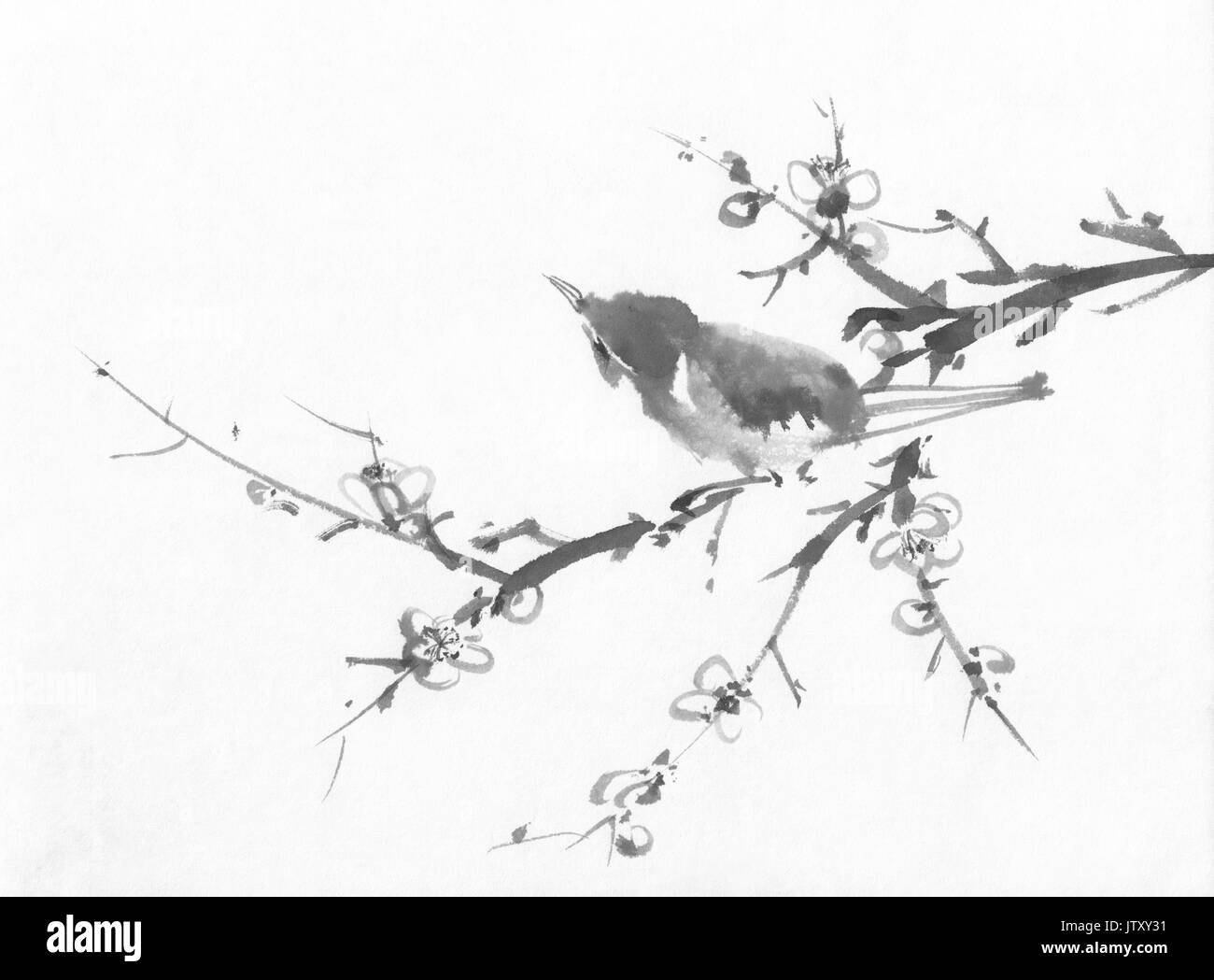 Bird on a cherry branch sumi-e ink painting Stock Photo