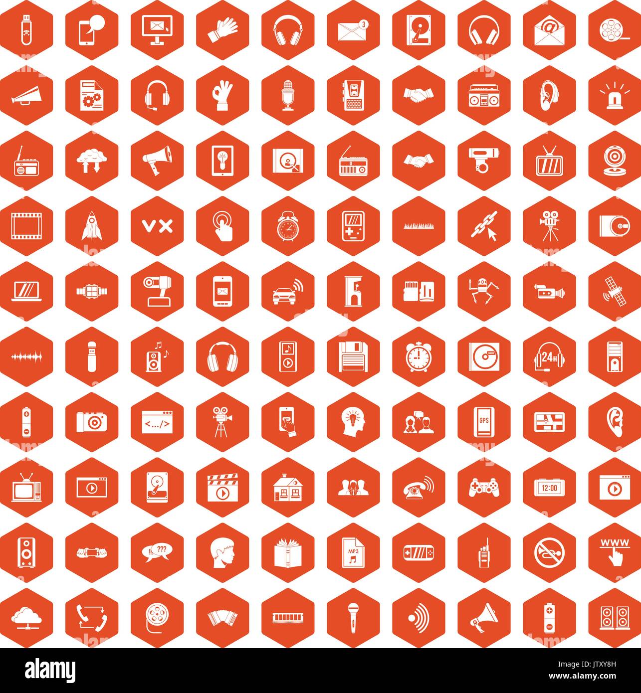 100 audio icons hexagon orange Stock Vector