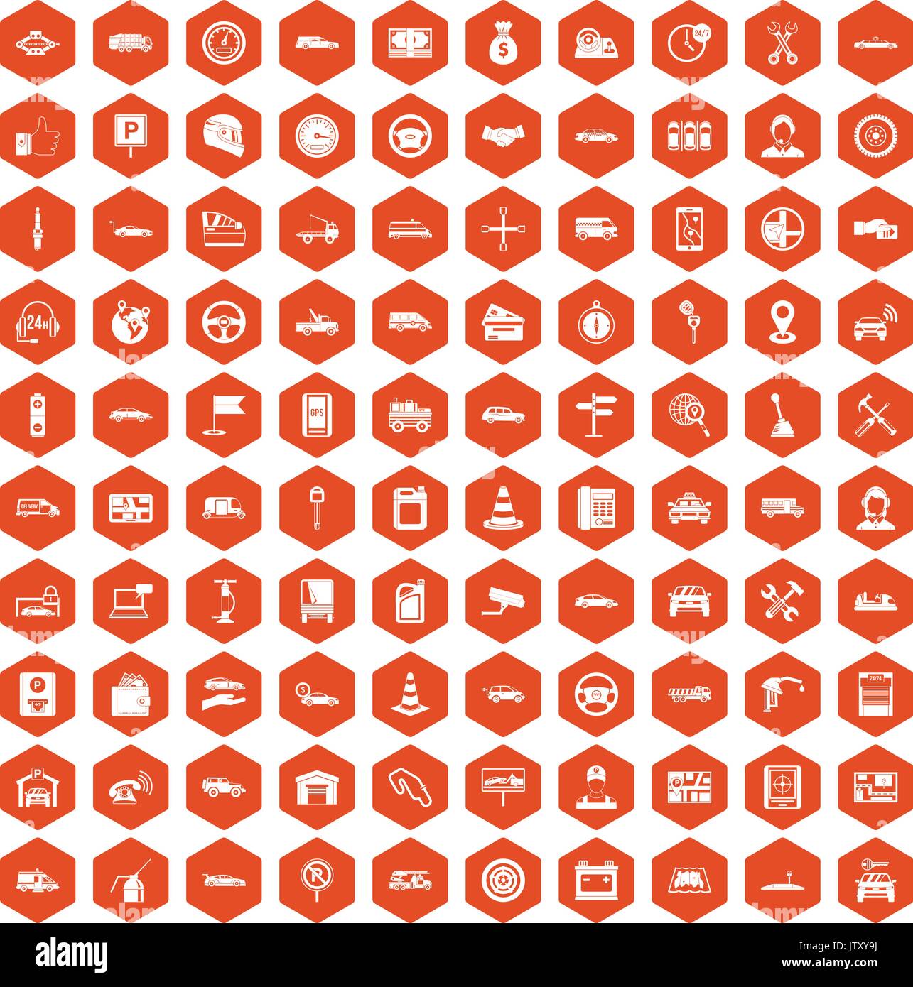 100 auto icons hexagon orange Stock Vector