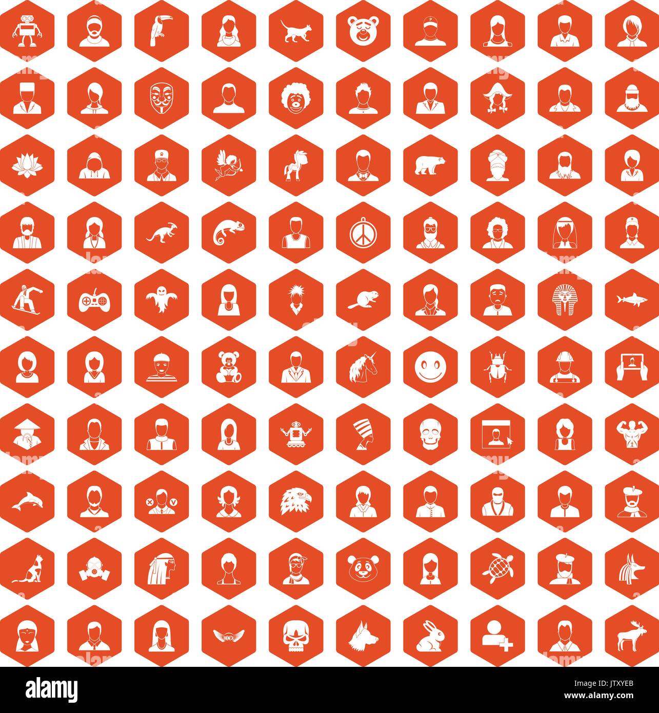 100 avatar icons hexagon orange Stock Vector