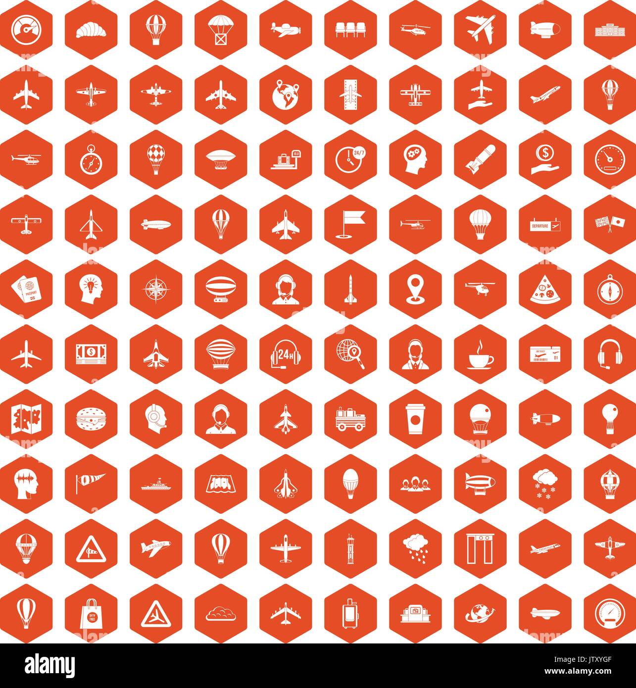 100 aviation icons hexagon orange Stock Vector