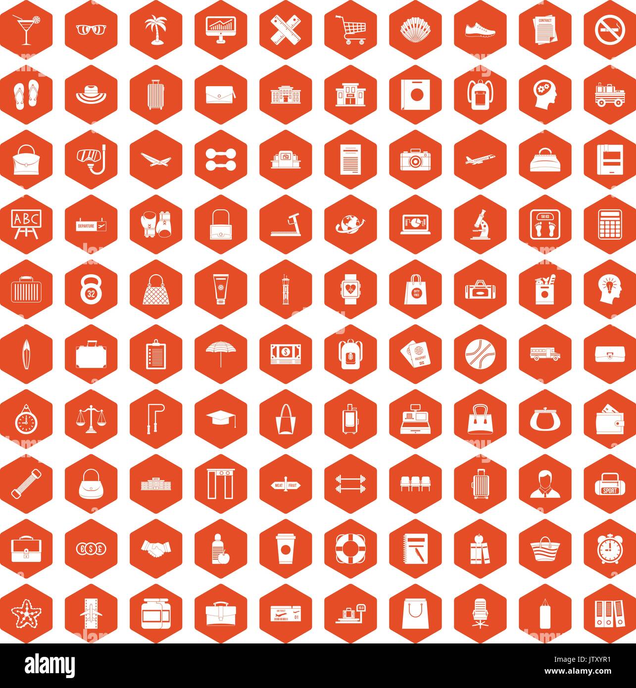 100 bag icons hexagon orange Stock Vector