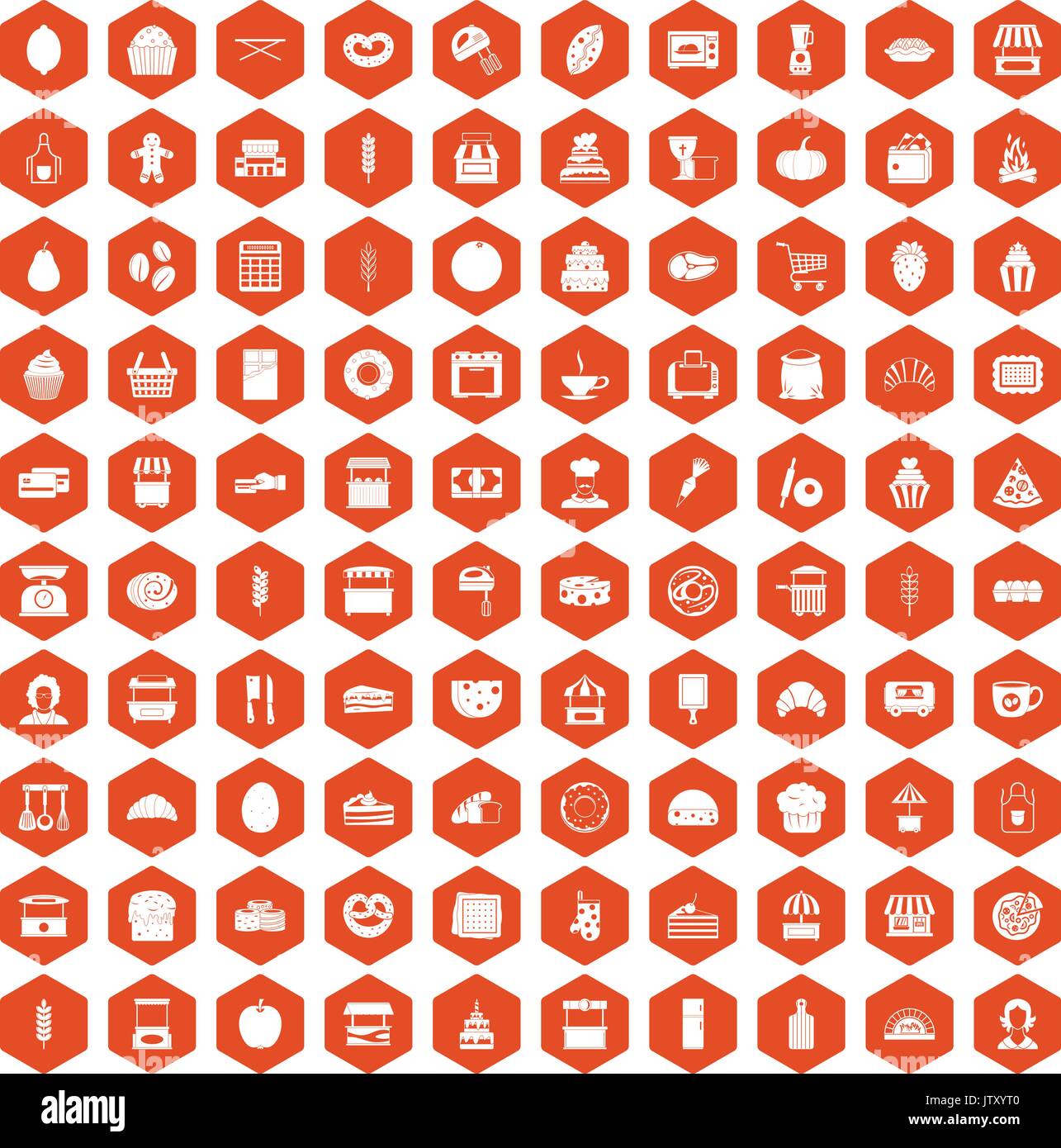 100 bakery icons hexagon orange Stock Vector