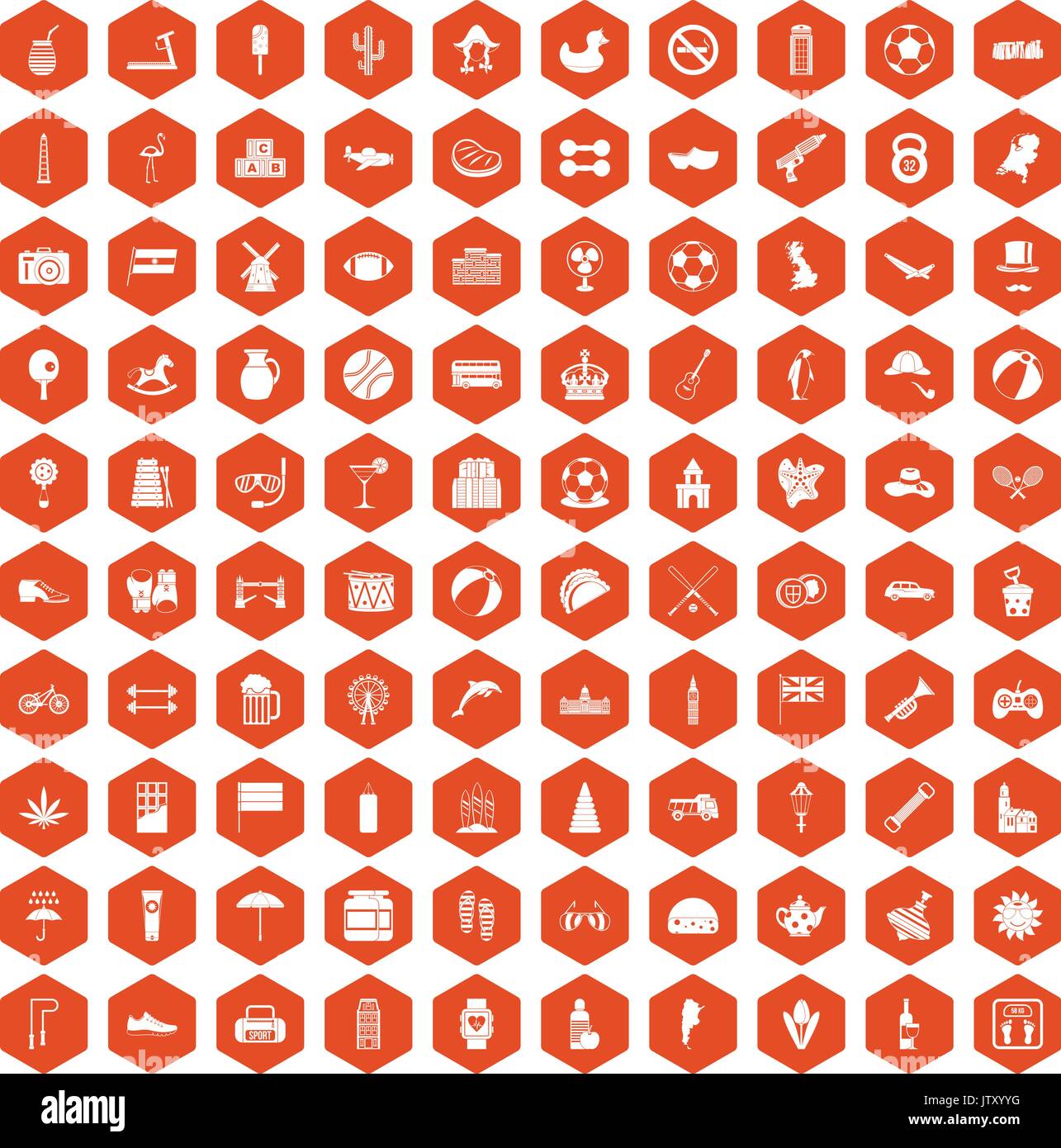 100 ball icons hexagon orange Stock Vector