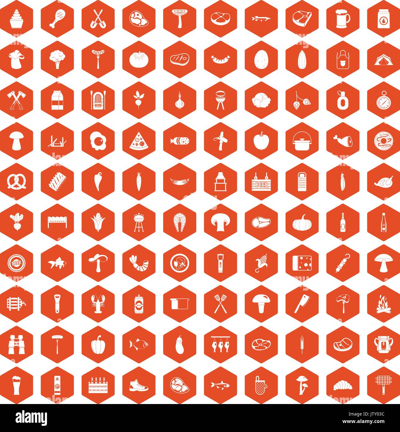 100 barbecue icons hexagon orange Stock Vector