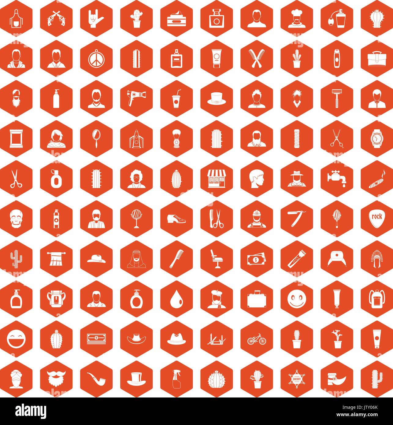 100 barber icons hexagon orange Stock Vector