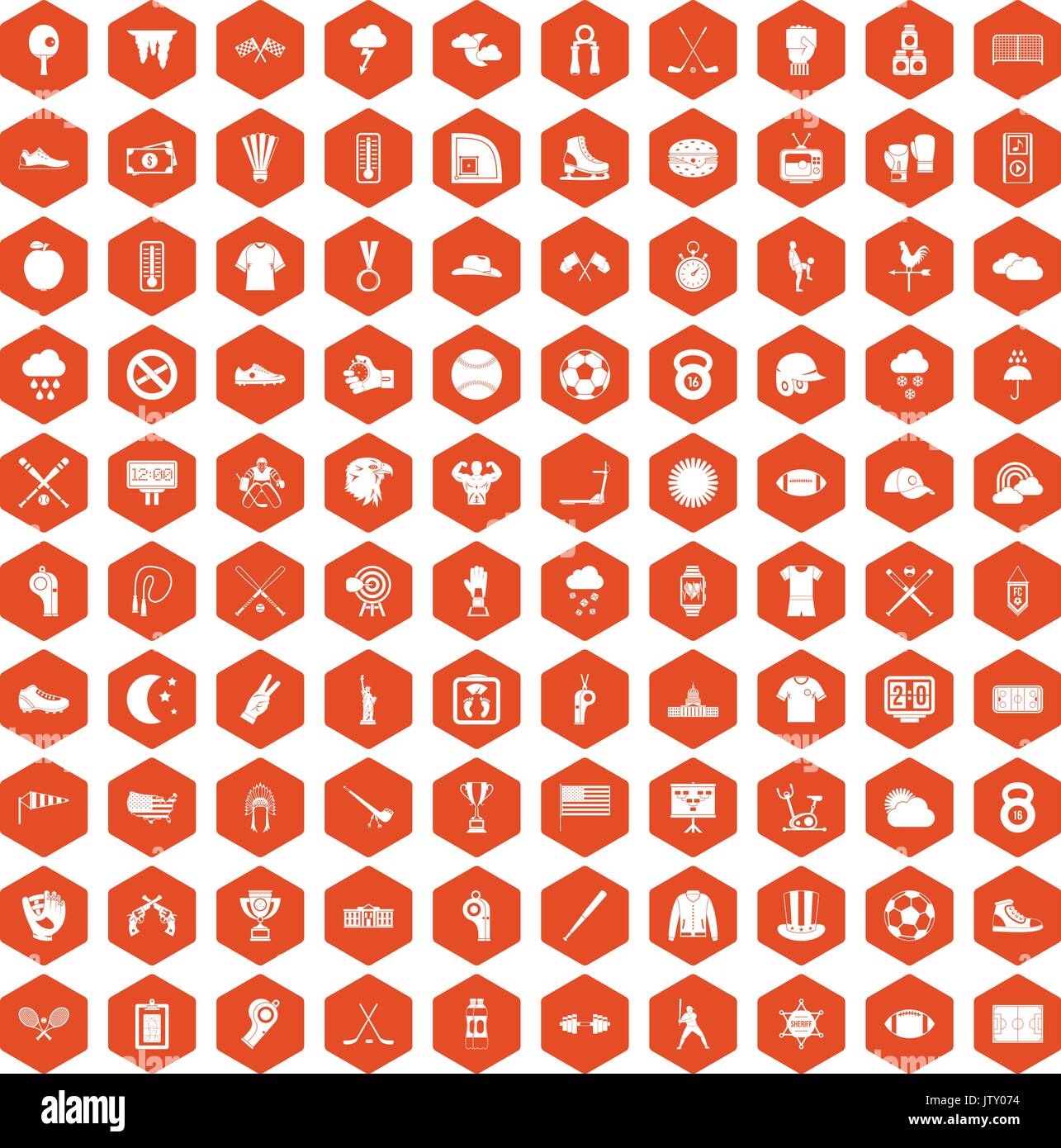 100 baseball icons hexagon orange Stock Vector