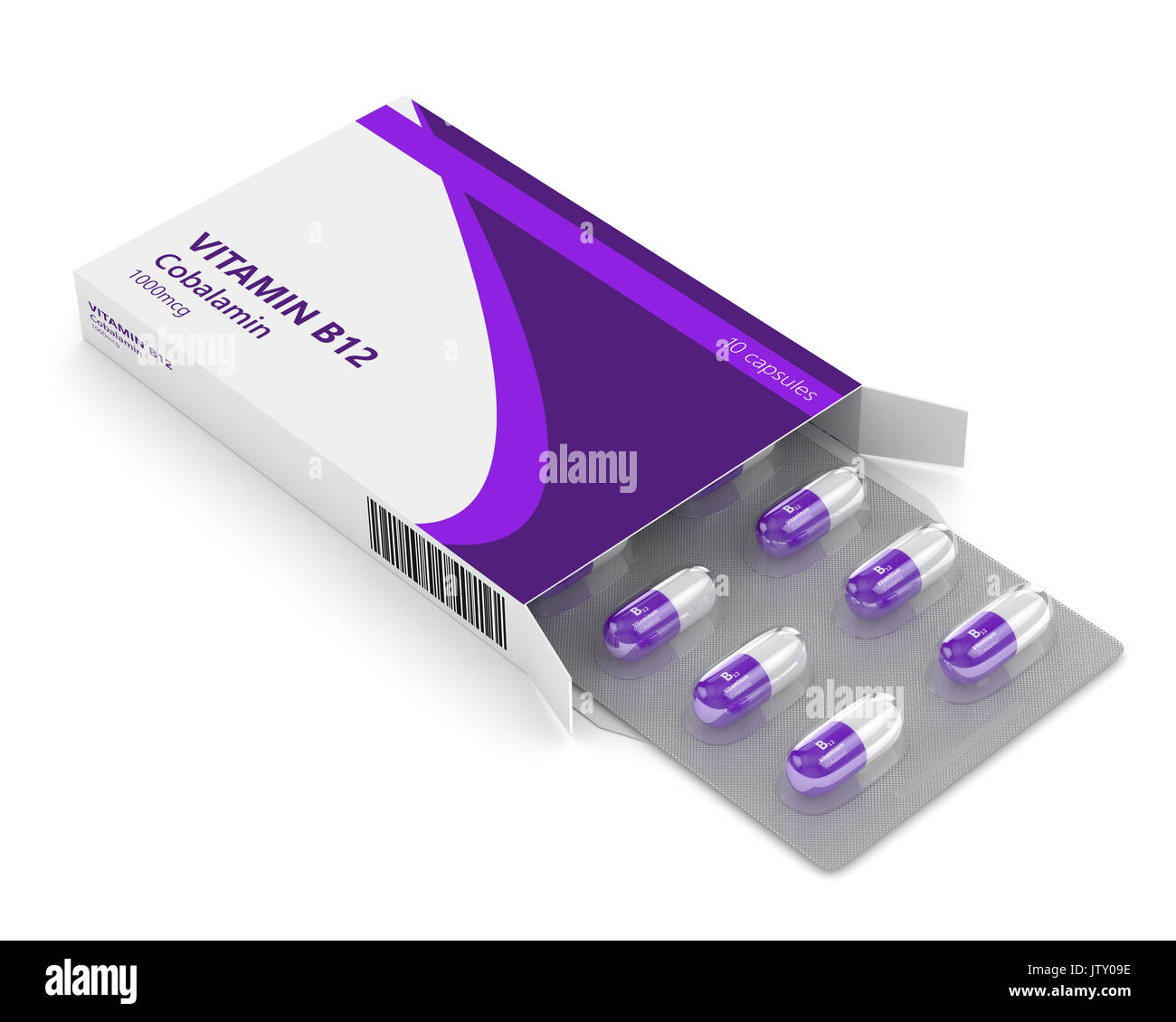 3d rendering vitamin B12 pills in blister over white background. Concept of dietary supplements Stock Photo