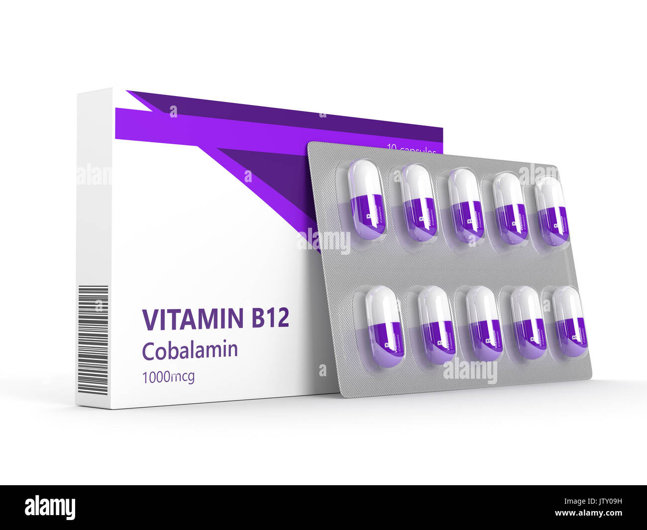 3d rendering vitamin B12 pills in blister over white background. Concept of dietary supplements Stock Photo
