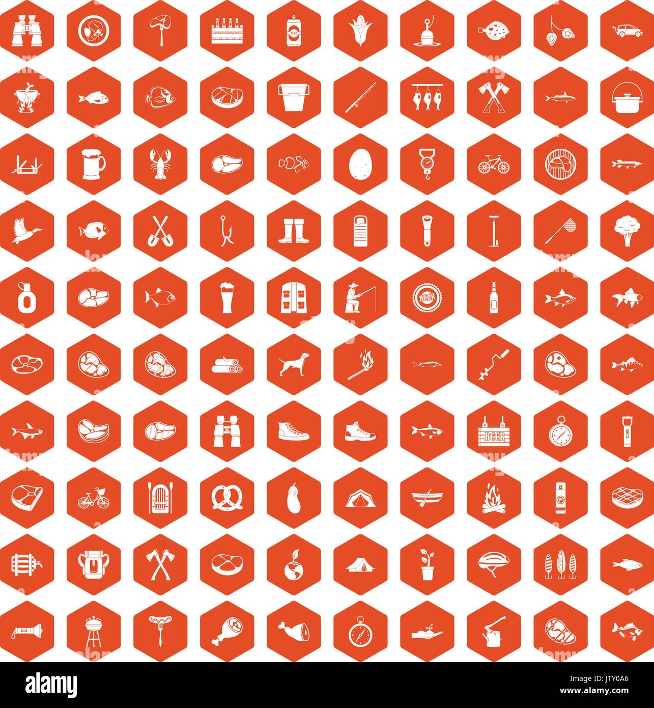 100 BBQ icons hexagon orange Stock Vector