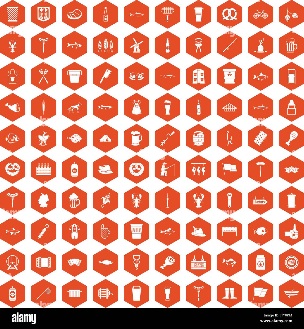 100 beer icons hexagon orange Stock Vector