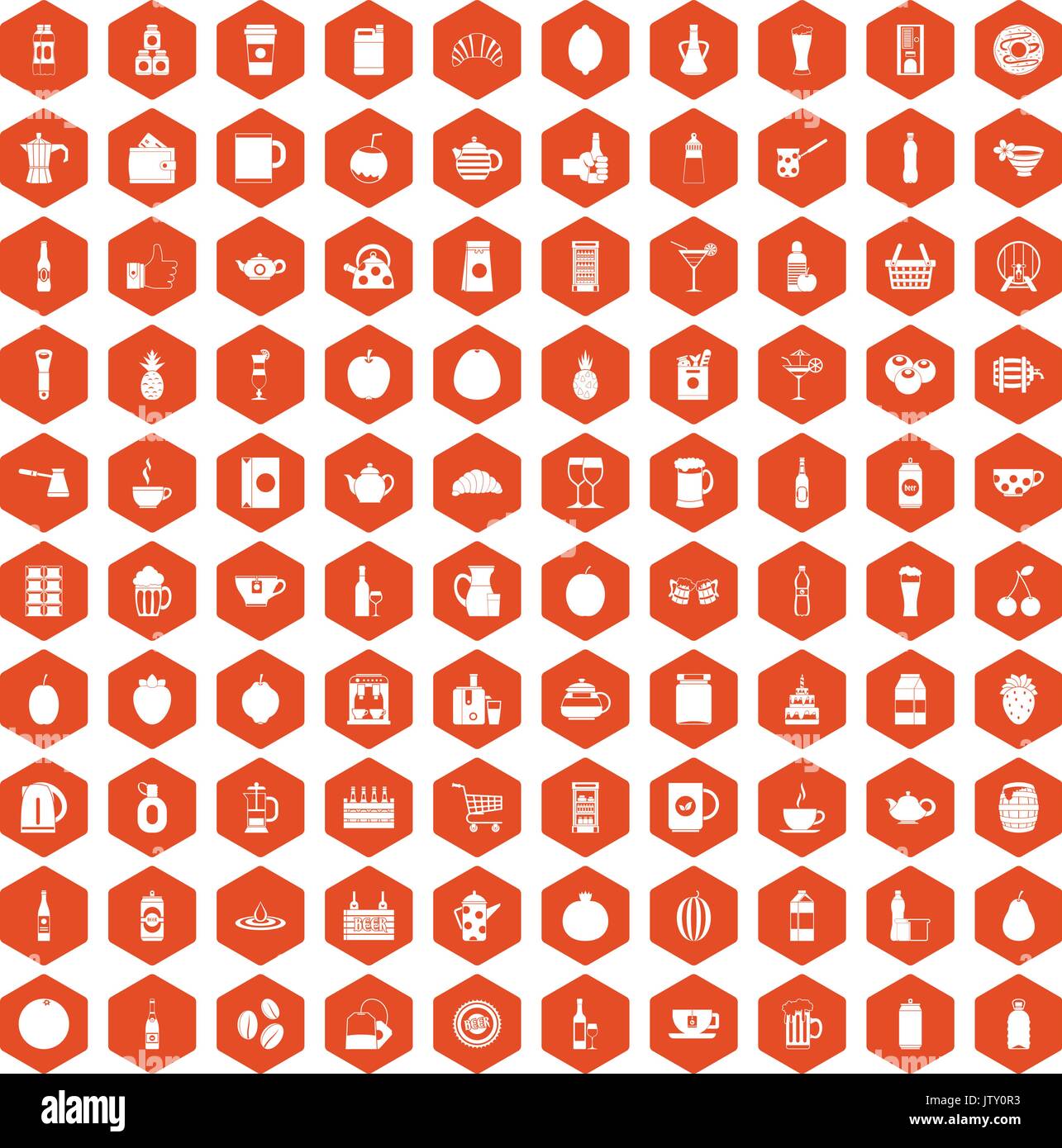 100 beverage icons hexagon orange Stock Vector
