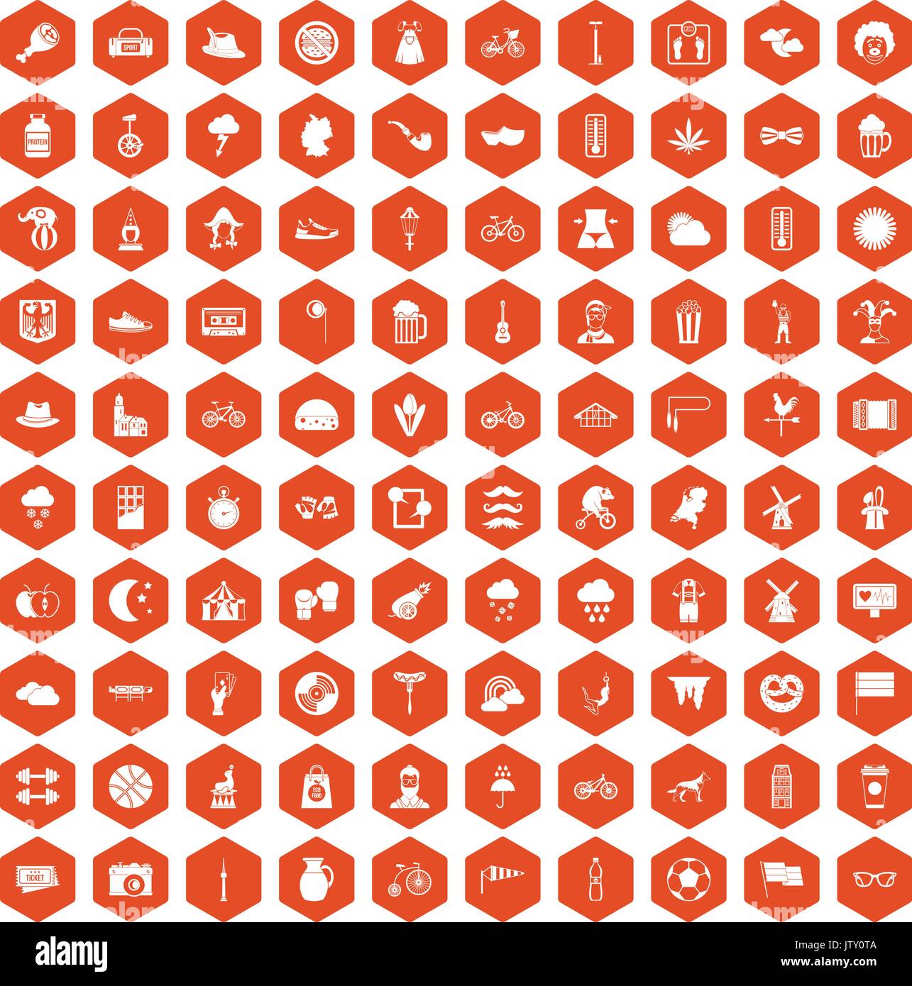 100 bicycle icons hexagon orange Stock Vector