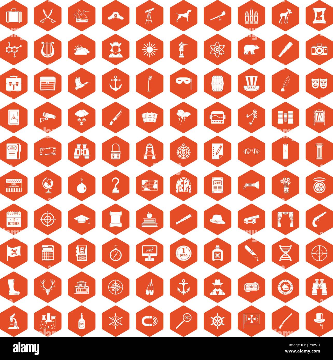 100 binoculars icons hexagon orange Stock Vector
