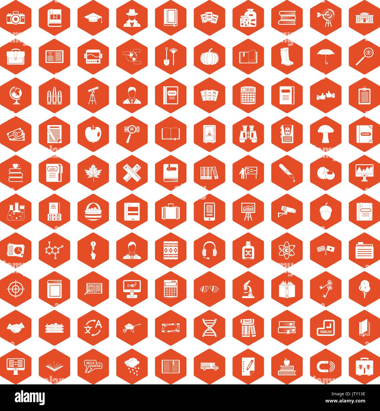 100 book icons hexagon orange Stock Vector