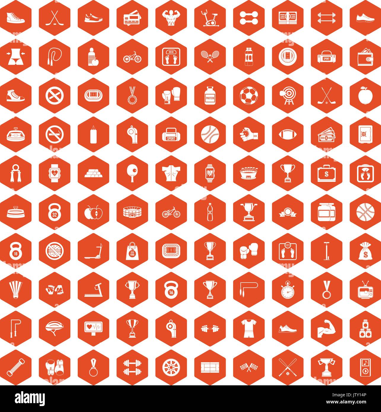 100 boxing icons hexagon orange Stock Vector