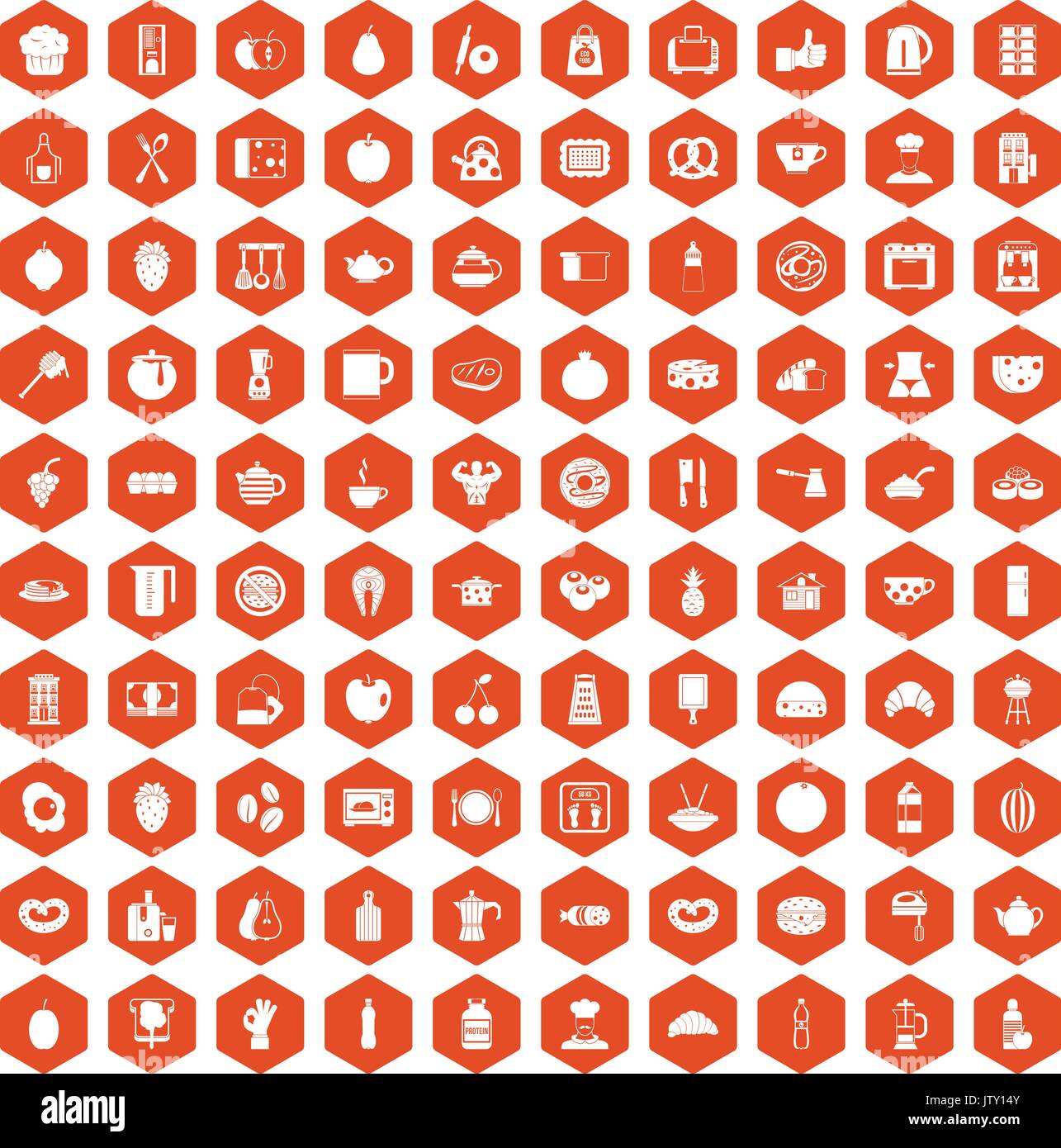 100 breakfast icons hexagon orange Stock Vector