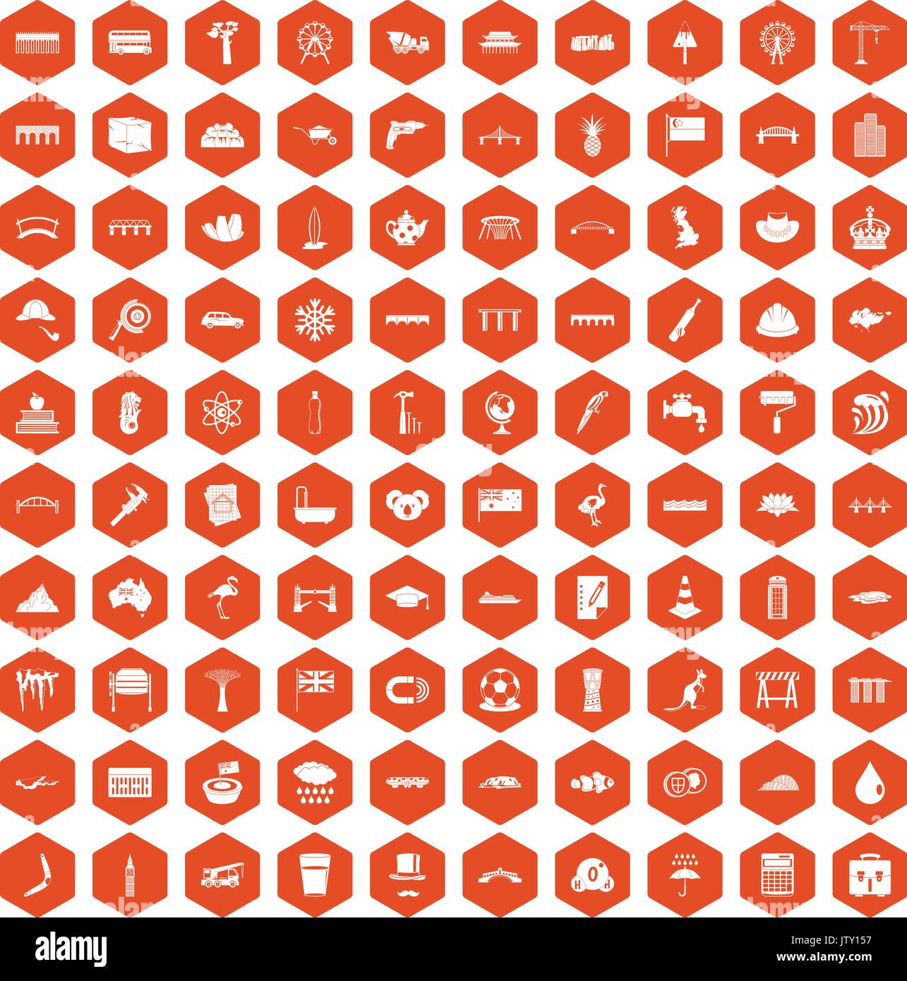 100 bridge icons hexagon orange Stock Vector
