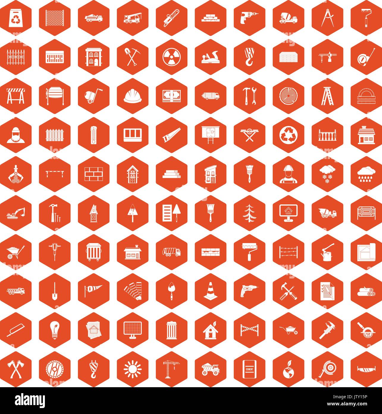 100 building materials icons hexagon orange Stock Vector