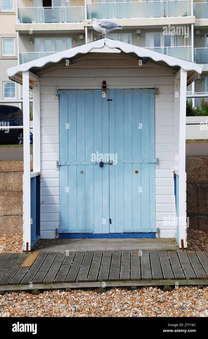 Traditional British beach huts on the beach at Bexhill-on-Sea in East Sussex, England on September 12, 2012. Stock Photo