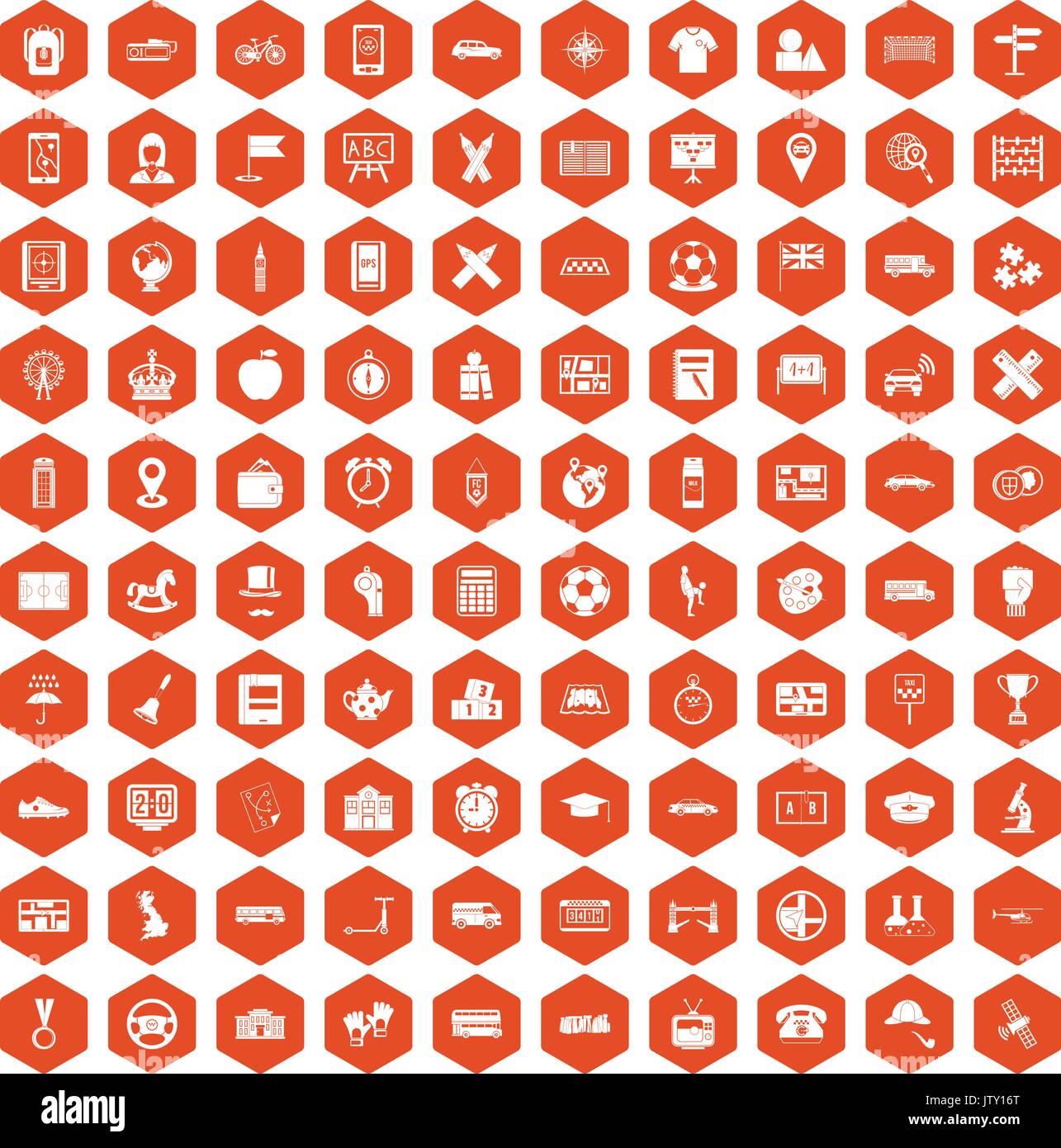 100 bus icons hexagon orange Stock Vector