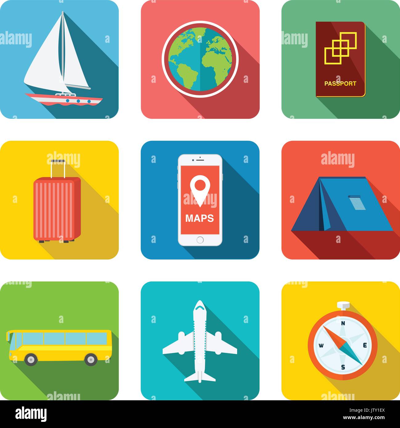 Travel icon set. It contains boat, globe, passport, luggage, mobile map, tent, yurt, bus, plane, and compass. All these flat icons are drawn very deta Stock Vector