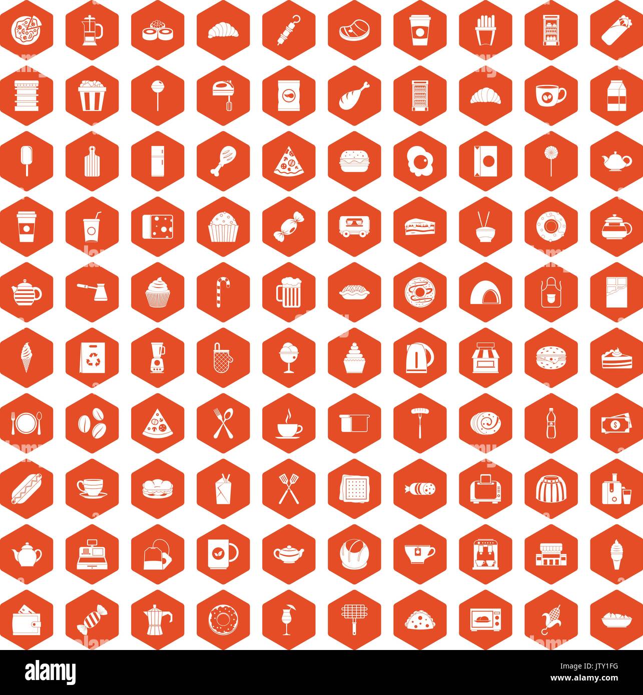 100 cafe icons hexagon orange Stock Vector