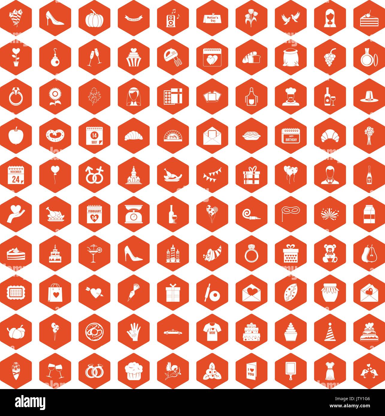 100 cake icons hexagon orange Stock Vector
